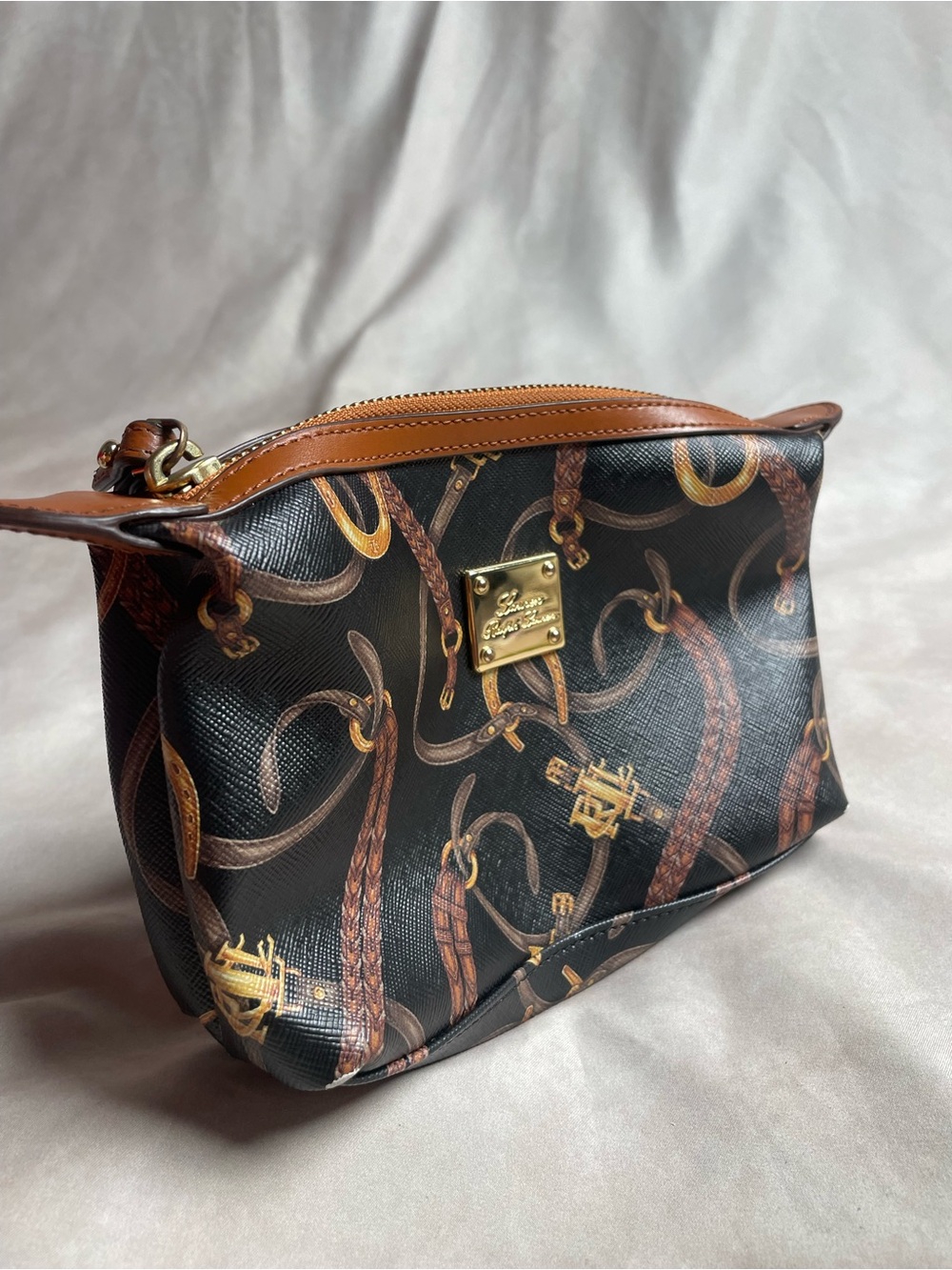 Ralph Lauren Black Cosmetic Pouch with Brown Harness Print